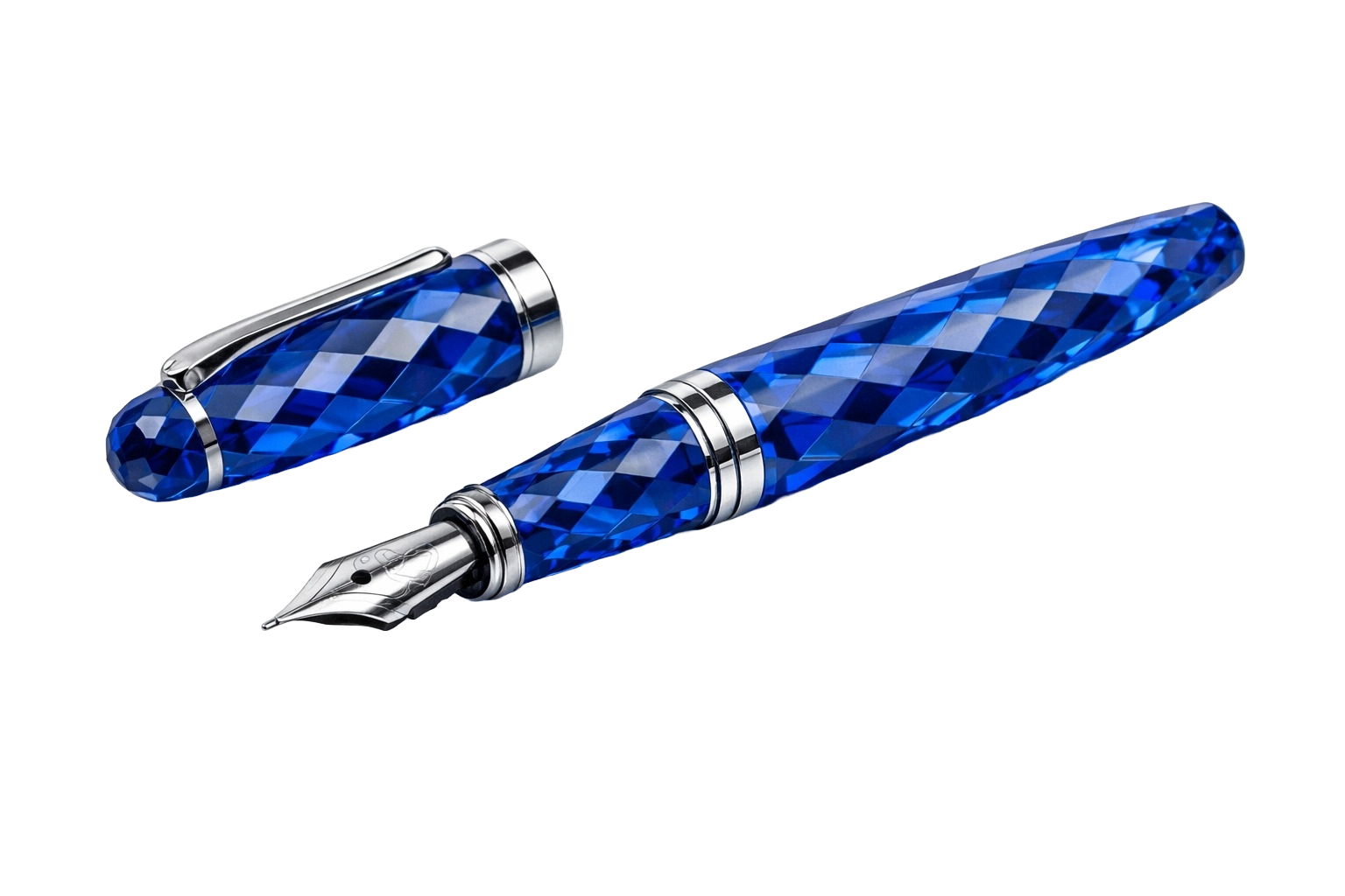 AI-generated fountain pen made from blue sapphire with chessboard cut and silver accents